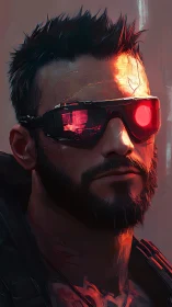 Cybernetic mercenary portrait under neon red light.