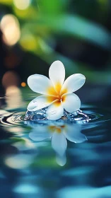 Plumeria bloom with dewdrops drifting on rippled water surface.