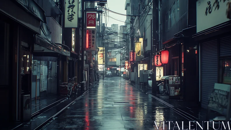 Quiet rainy alleyway glowing with gentle lantern light.