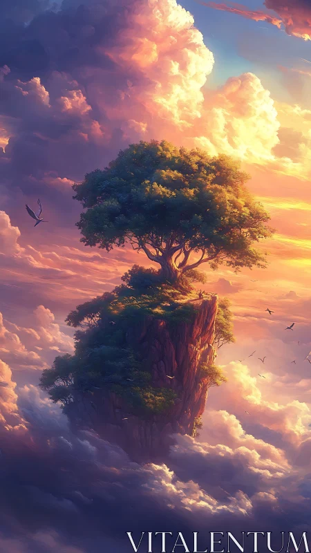 Sky-drifting tree isle crowned by blazing sunset clouds.