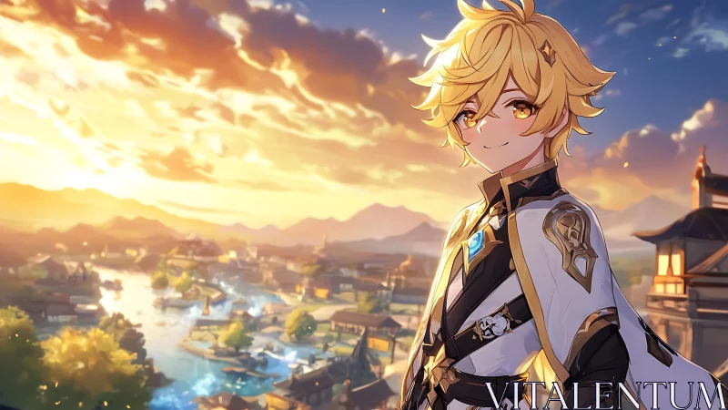 Blond anime hero overlooks glowing river city at sunset