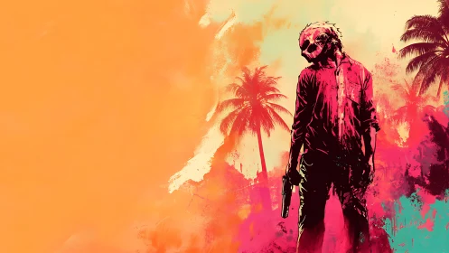 Masked gunman stalks neon-soaked tropical street at dusk