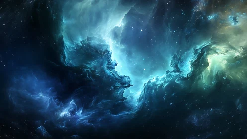 Stellar nebula swirls in luminous teal and deep cosmic blue.