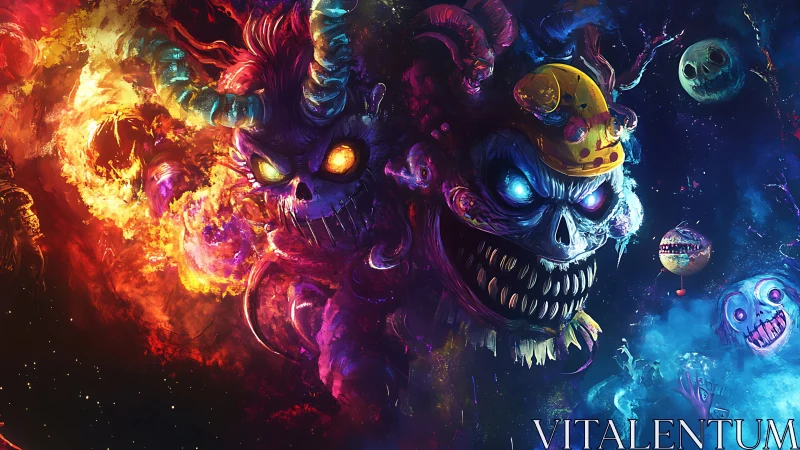 Grotesque horned skull entities in a divided cosmic field.