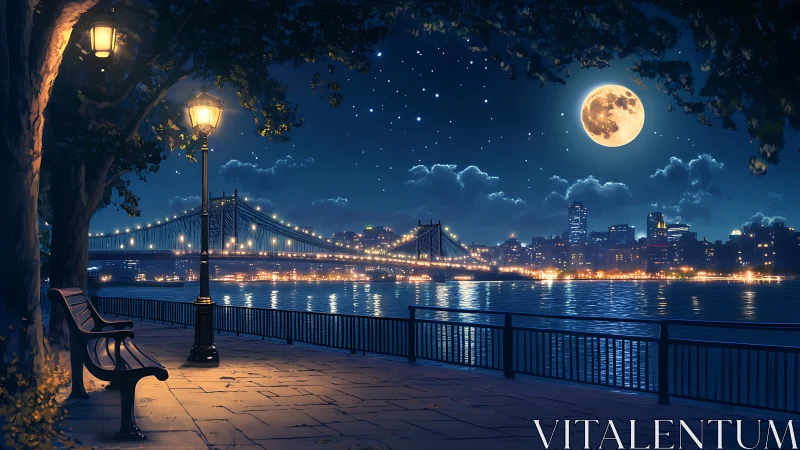 Moonlit riverside walkway facing illuminated city bridge.