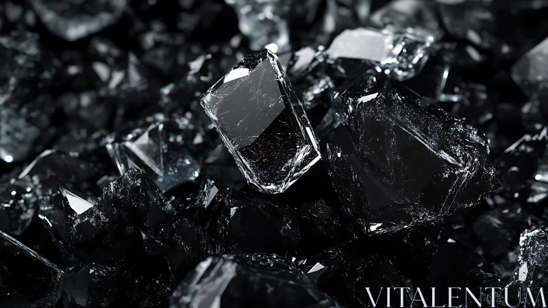 Gleaming black crystals catch soft light in a dark cluster