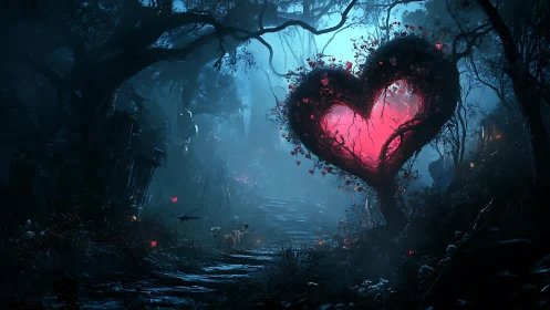 Luminous Heart Form in Ethereal Forest Landscape with Atmospheric Depth