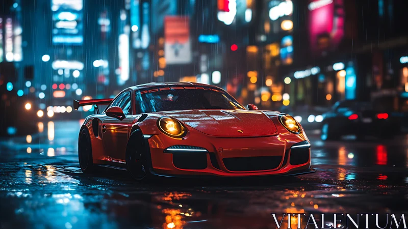 Crimson rain-runner prowling neon city streets at night.