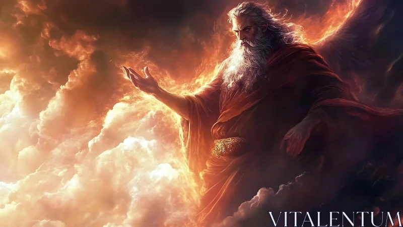 Celestial robed deity commanding firelit storm clouds.