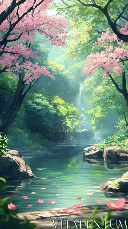 Tree-lined river with pink blossoms and distant waterfall.