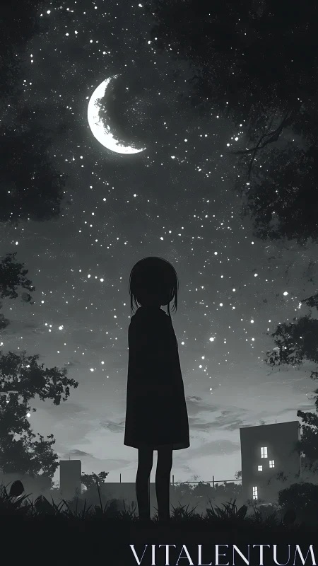 Silhouetted child observes crescent moon in nocturnal urban sky
