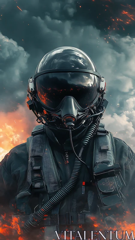 Fighter pilot in full gear amid smoke and falling embers.