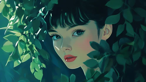 Digital portrait of woman framed by dense green foliage.