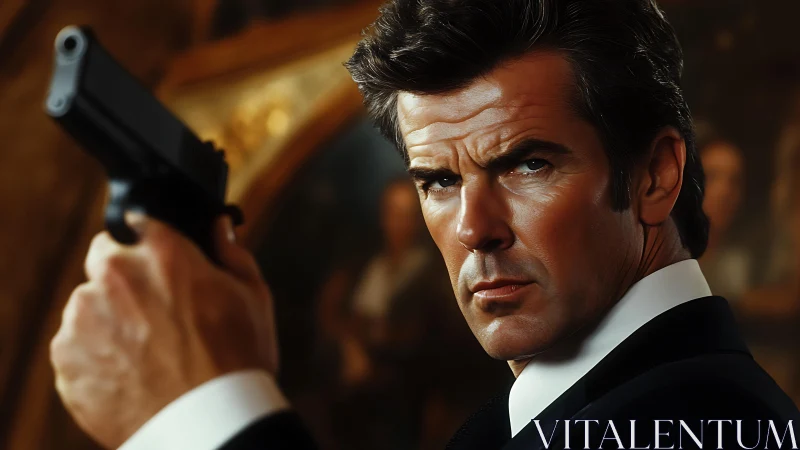 Cinematic agent portrait with sidearm in shallow focus.