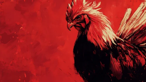 Expressive digital painting of a rooster on red ground.
