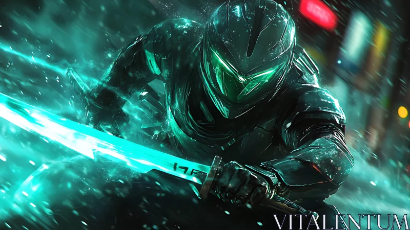 Cybernetic neon swordsman charging through kinetic rain.