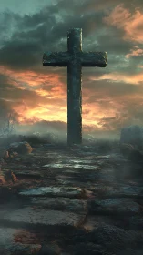 Monolithic stone cross in cinematic dusk landscape composition.