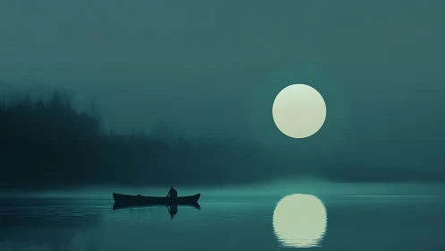 Solitary boat and large moon over misty lake at night.