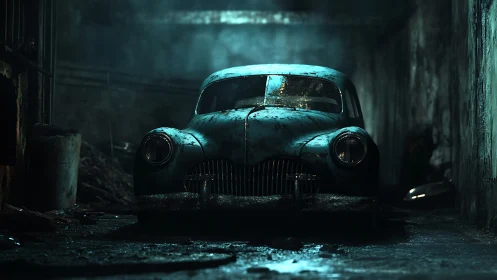 Rust-slicked classic car broods in a damp neon alleyway.