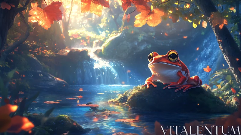 Bright-eyed frog daydreams beside a glowing forest creek.