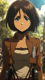 Stoic anime cadet in tactical harness under warm sunlight.