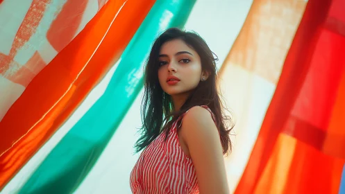 Portrait of Young Woman Amid Vibrant Flags in Soft Sunlight.