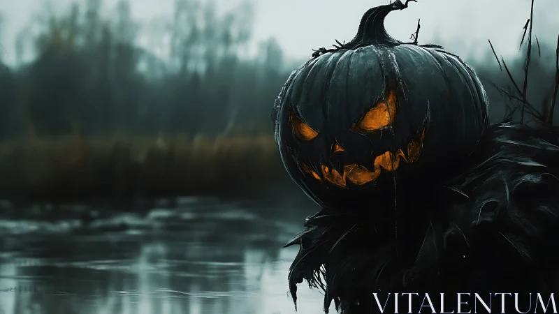 Sinister jack-o&rsquo;-lantern stalks a foggy marsh at night