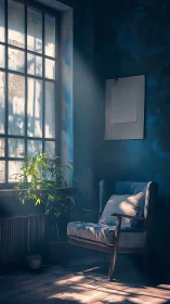 Sunlit armchair by tall window in moody blue interior.