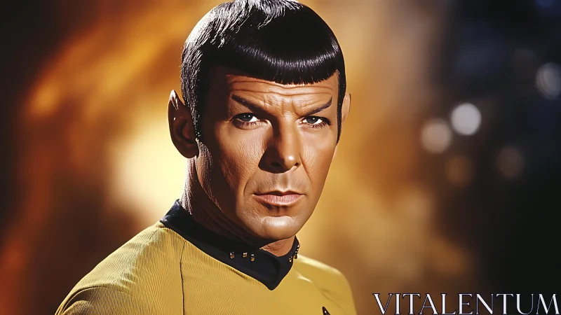 Stoic sci fi officer portrait under warm cinematic light.