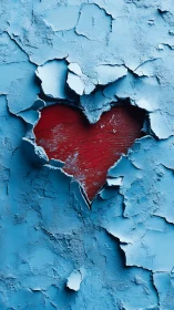 Thermally Exposed Red Heart Form Beneath Cyan Peeling Paint Layer