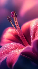 Radiant pink lily petals glowing softly in morning dew.