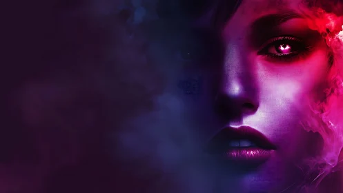 Neon-lit cybernetic portrait merges vapor haze and digital grain