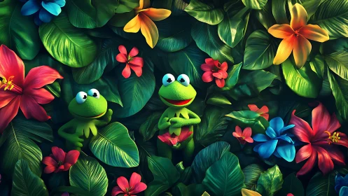 Green frog characters amid neon tropical jungle foliage.