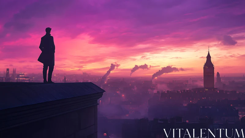 Dreamy city rooftop view under glowing violet sunrise.