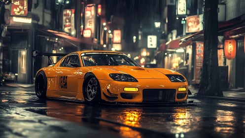 Midnight raindrops crown the low-slung neon hunter car