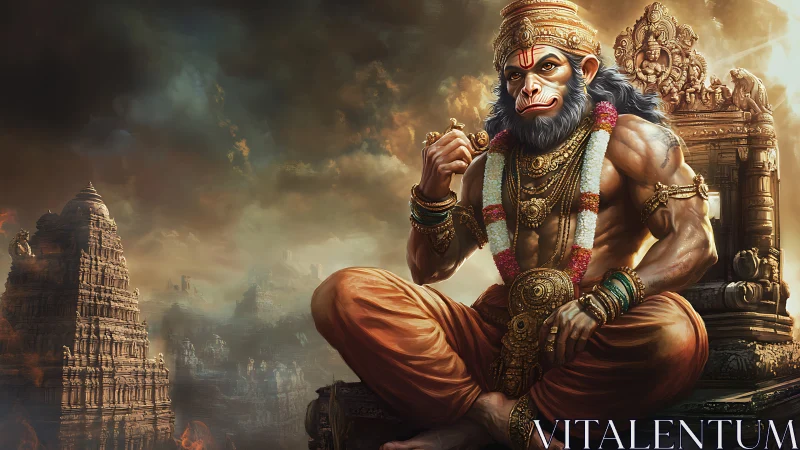 Heroic monkey deity sits before ancient temple under stormy sky