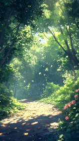 Sunlit Forest Path Through Golden Canopy.