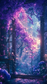 Digital painting window arbor with luminous violetscape framing.