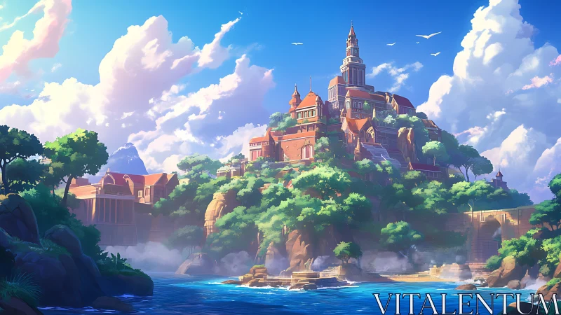 Cliffside Castle Sanctuary Glowing Beneath Azure Skies.