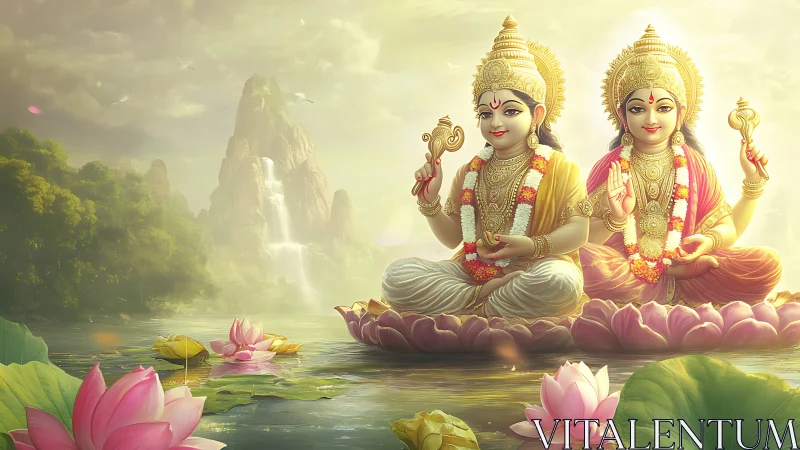 Divine child deities seated on lotus flowers in water.