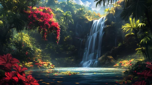 Lush jungle waterfall cascades into a glowing, flowered lagoon