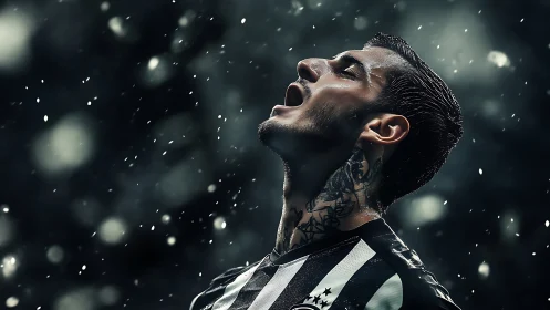Floodlit roar of a striped football dreamer in snowfall.