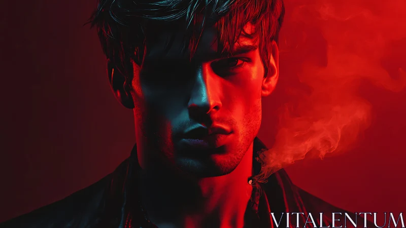 Moody portrait glows in bold red and cool blue shadows