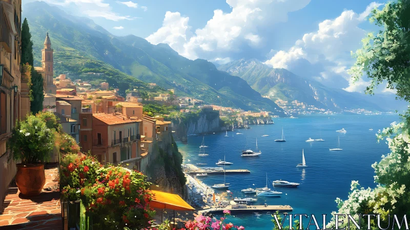 Sunlit coastal village opens onto a sparkling blue harbor