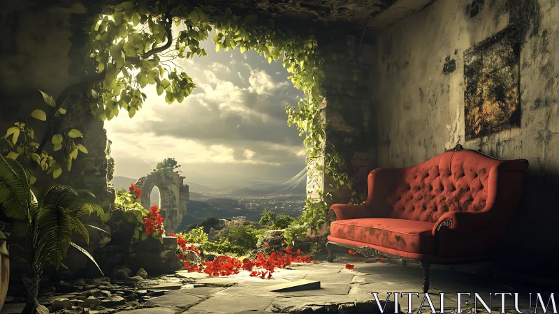 Red velvet sofa in sunlit overgrown stone ruin interior.