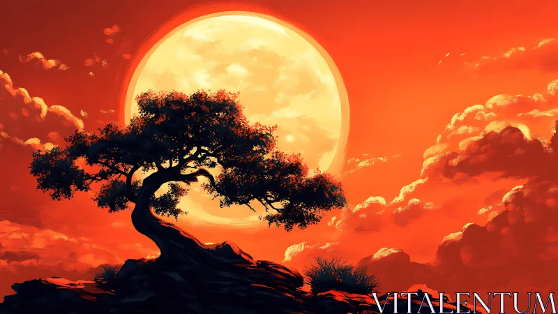 Moonlit tree basking in a glowing crimson twilight sky.