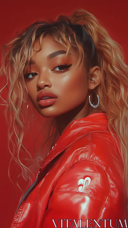 Red-jacketed beauty gazes back in rich cinematic lighting.
