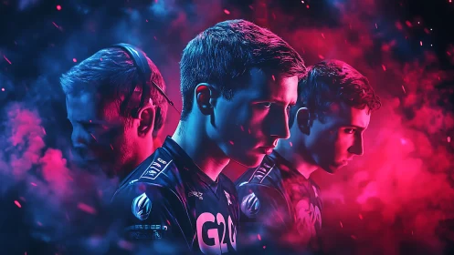 Esports competitor triptych under magenta cyan smoke lighting