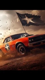 Dynamic muscle car rally with star-flag cinematic framing.