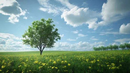 Solitary green tree in sunlit spring meadow under cumulus sky